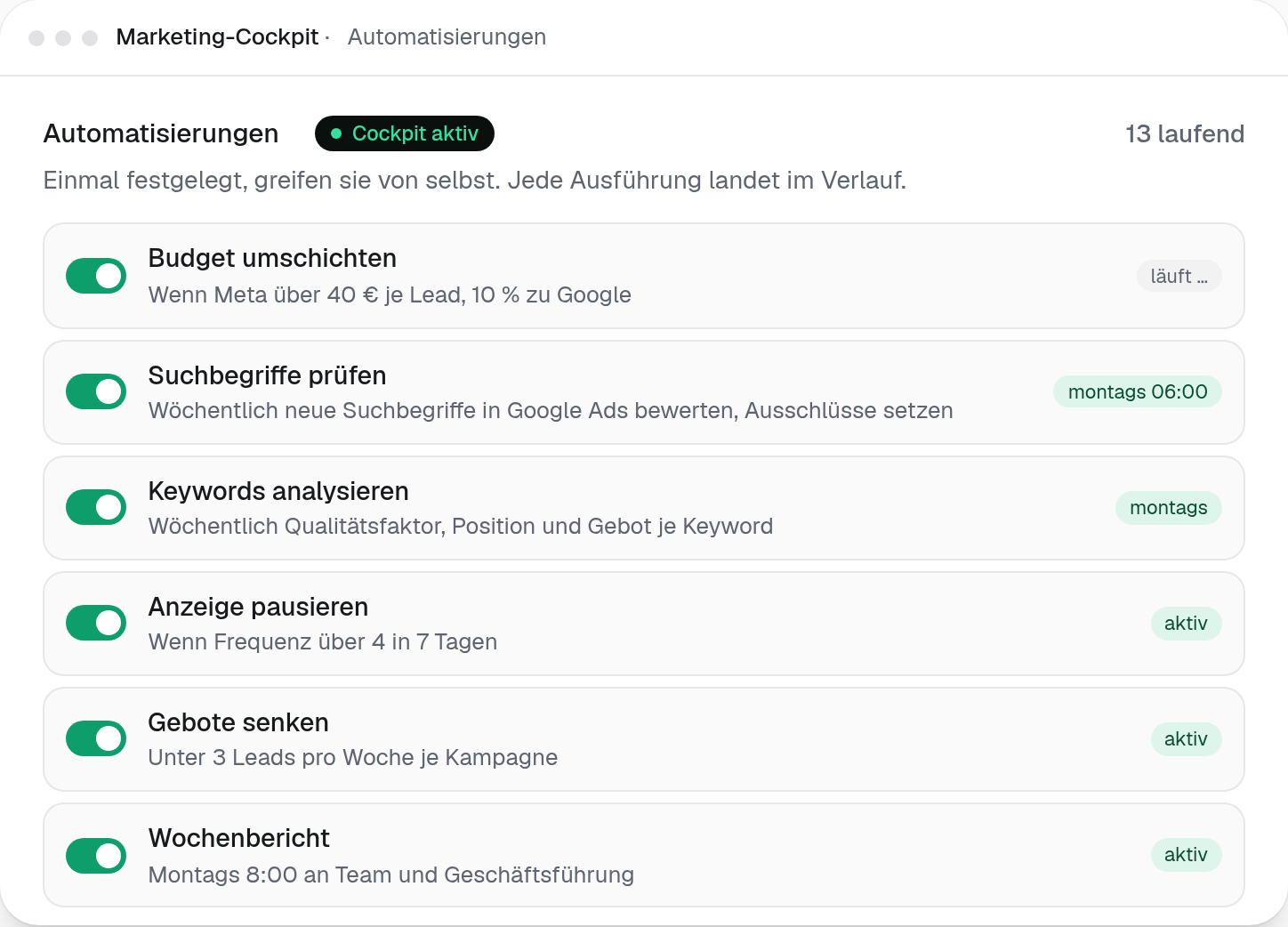 Cockpit-Ansicht Automatisierungen: aktive Routinen wie Budget umschichten und Suchbegriffe prüfen, jede mit Takt
