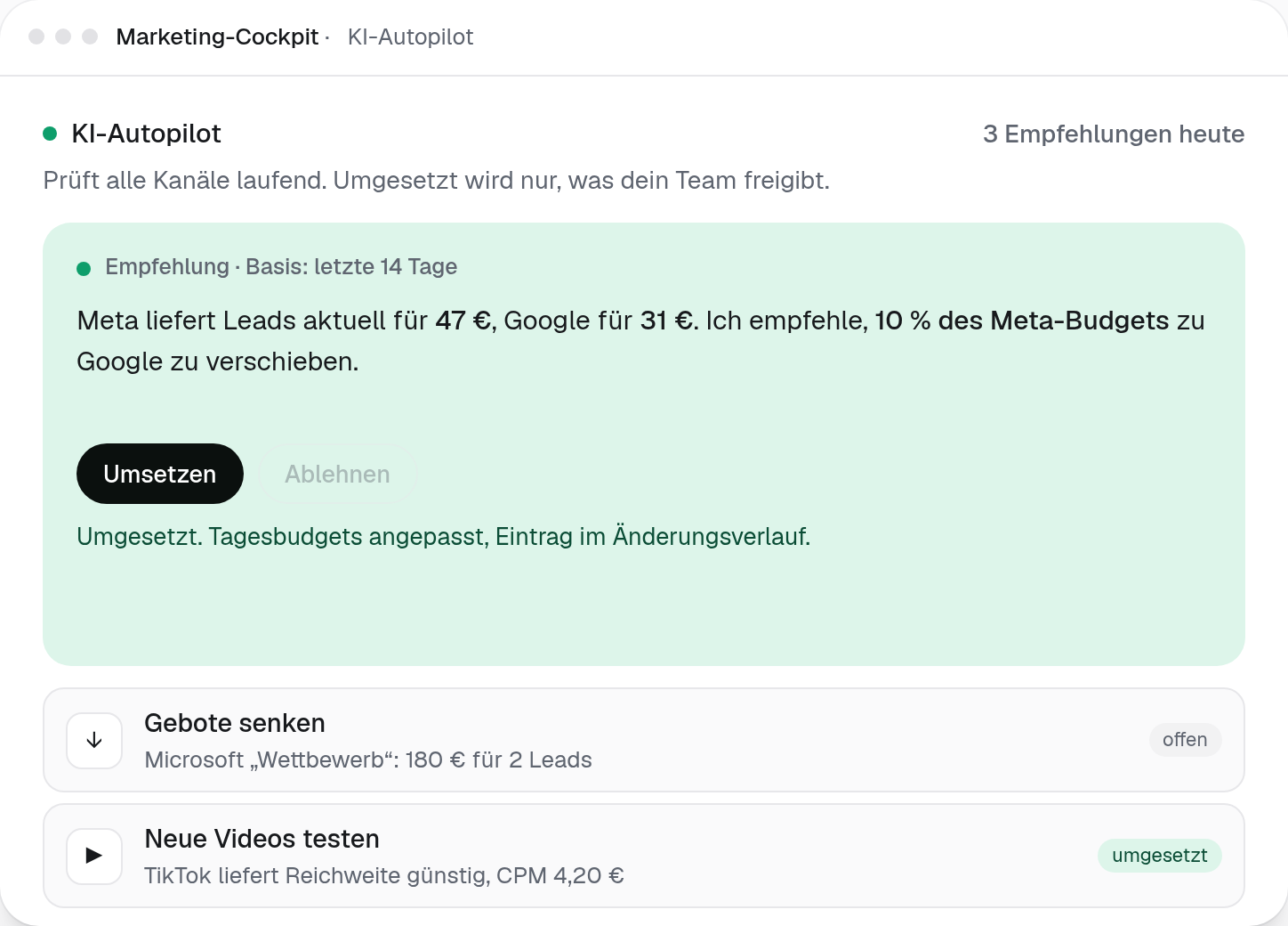 Cockpit-Ansicht KI-Autopilot: eine Empfehlung mit Begründung und den Knöpfen Umsetzen und Ablehnen