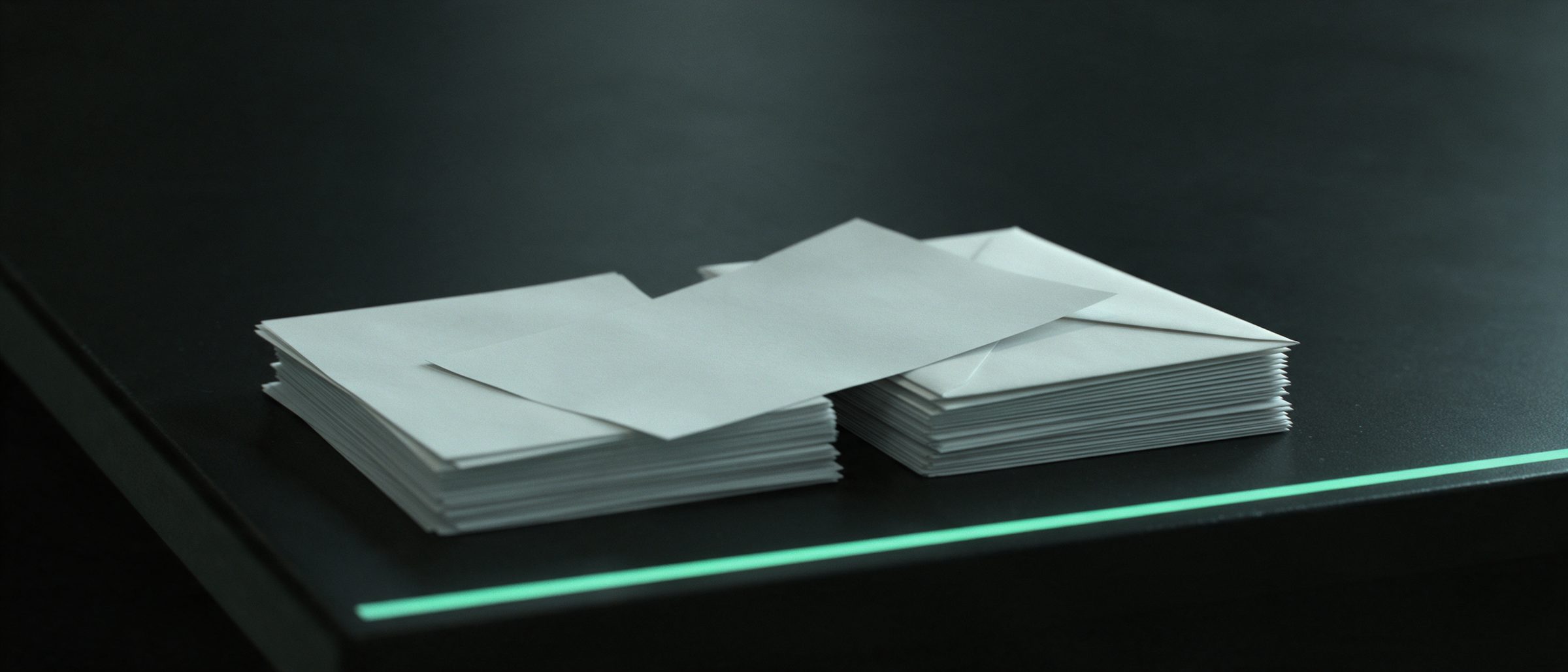 Weiße Papierbögen und Umschläge, sortiert in zwei ordentliche Stapel auf einem dunklen Tisch mit einer mintgrünen Lichtkante